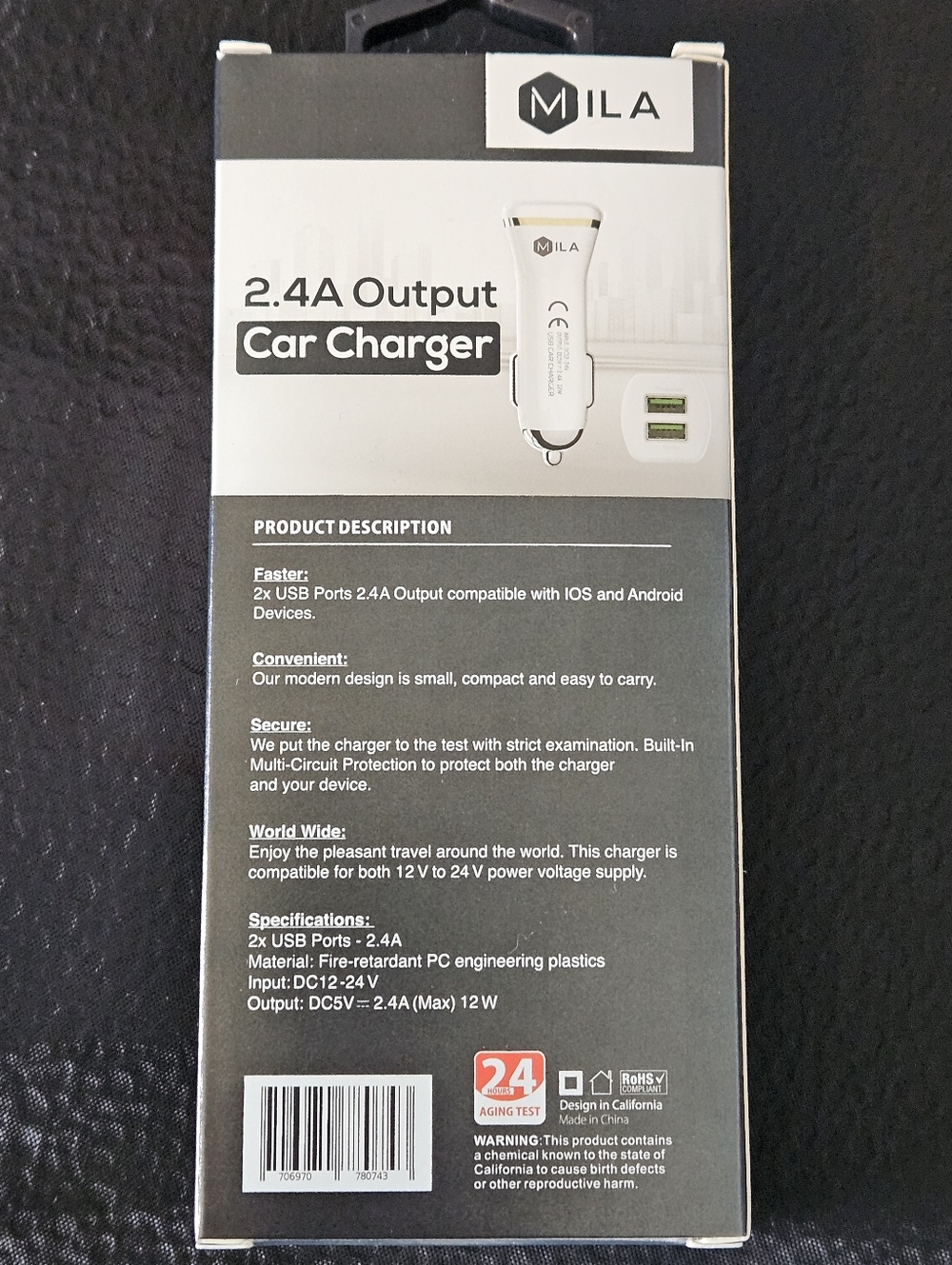 Mila 2-Port Car Charger 2.4A w/ Cable NIB - Picture 3 of 4